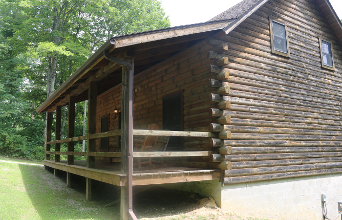 side view, two story log cabin
