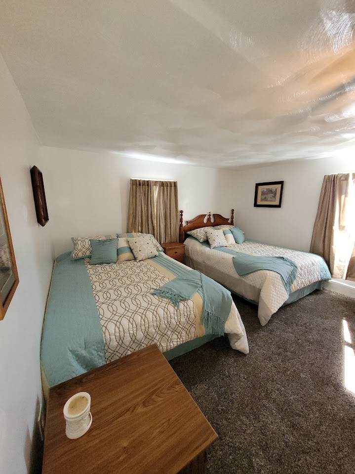 bedroom, two beds, brown carpet