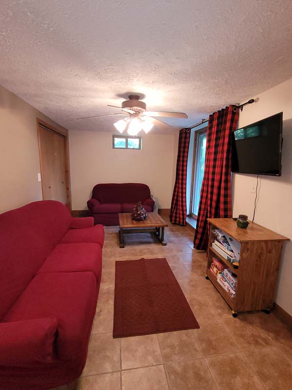 living room, tv, red loveseat and sofa