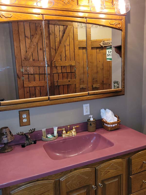 bathroom, pink sink, large mirrored cabinet